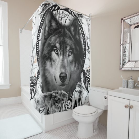 Native American Dreamweaver Wolf Douchegordijn (In situ)
