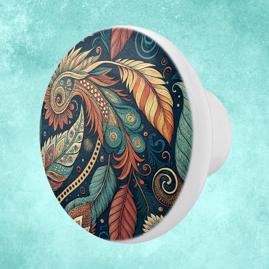Native American Feather Swirl Terra Cotta Blauwgro Keramische Knop