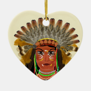 Native American Indian Chief Feather Headdress Keramisch Ornament
