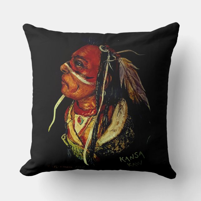 Native American "Kaw Warrior" Throw Pillow Kussen (Voorkant)