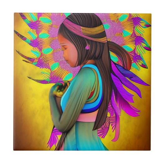 Native American Little Girl AI Kunst Tegeltje (Voorkant)