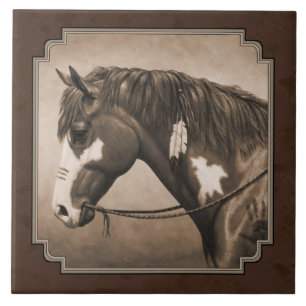 Native American Pinto War Horse in Sepia Tegeltje