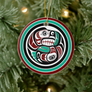 Native American Red Black Art Otter Salmon Keramisch Ornament