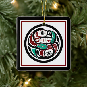 Native American Red Black Art Otter Salmon Keramisch Ornament