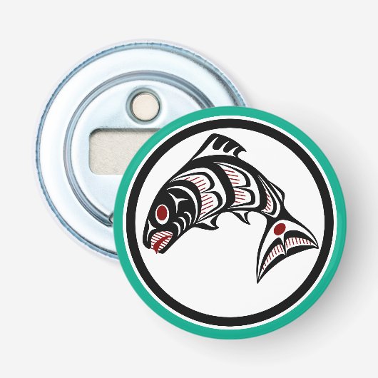 Native American Red Black Haida Art Salmon Button Flesopener (Voorkant)