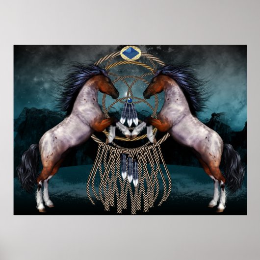 Native American Style Ponies met Dream Catcher Poster (Voorkant)