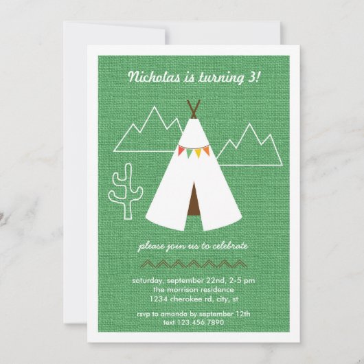Native American Tipi Birthday Party Invitation Kaart (Voorkant)