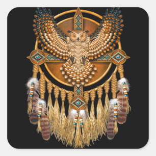 Native American Tribal Art Owl Vierkante Sticker