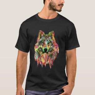 Native American Tribal Wolf w Feathers sterren lan T-shirt