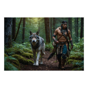Native American Warrior en Wolf Wildlife Design Perfect Poster