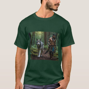 Native American Warrior en Wolf Wildlife Design T-shirt