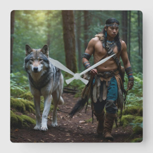Native American Warrior en Wolf Wildlife Design Vierkante Klok