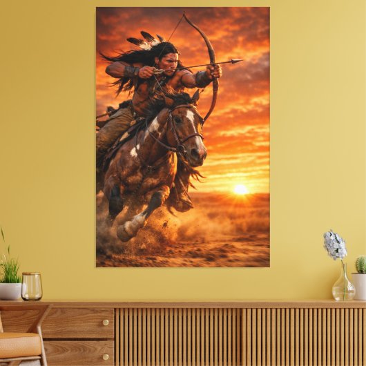 Native American Warrior Galloping Horse at Sunset Canvas Afdruk (Insitu (Woonkamer))