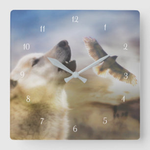 Native American Wolf en Red Tail Hawk Vierkante Klok