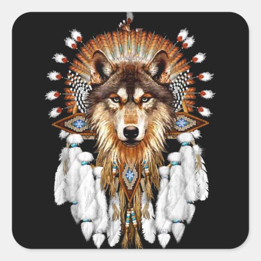 Native American Wolf - Wolf Lovers Vierkante Sticker (Voorkant)