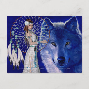 Native American Woman & Blue Wolf Design 2 Briefkaart