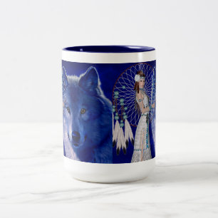 Native American Woman & Blue Wolf Design Tweekleurige Koffiemok