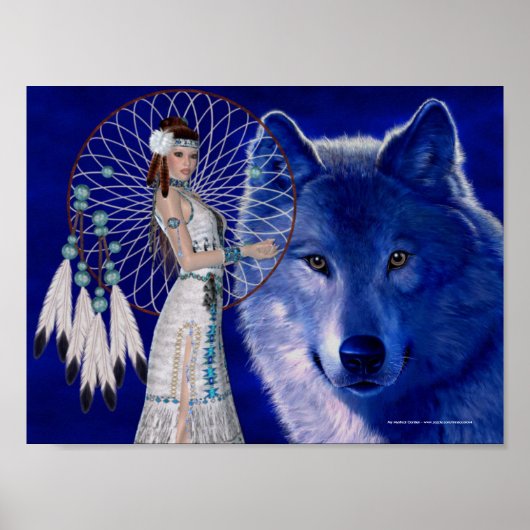 Native American Woman & Blue Wolf Poster Print (Voorkant)