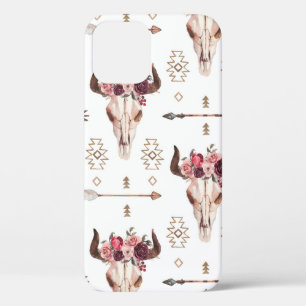 Native bull skul and arrows tribal seamless patter iPhone 12 hoesje