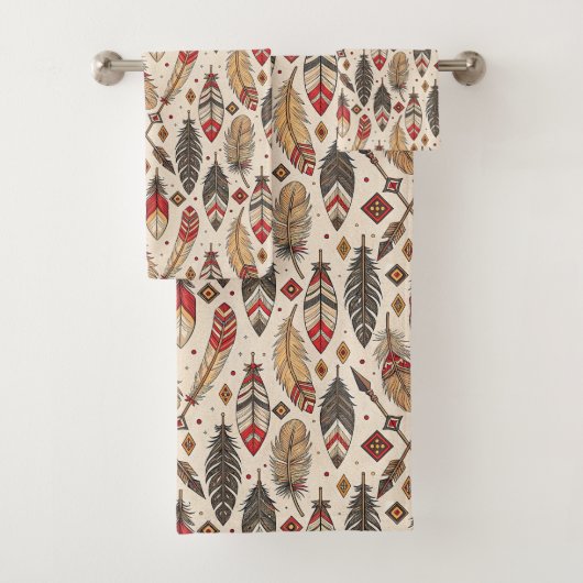 Native-Inspired Bath Towel Tribal Feather Pattern (En situation)