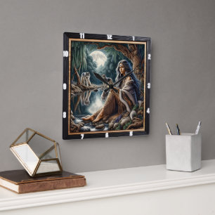 Native Moonlit Glade: Wisdom Keeper Art Vierkante Klok