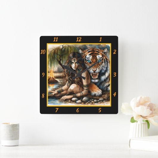 Native Secrets: Tiger's Whispers Moon's Glow Vierkante Klok (Huis)