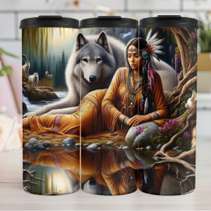 Native Tranquil Reflection, vrouwen en wolven. Thermosbeker