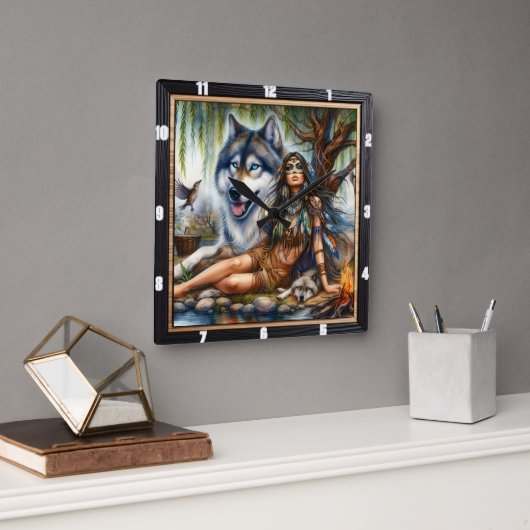 Native Twilight Tale: Gentle Watch Calm Vierkante Klok (Kantoor)