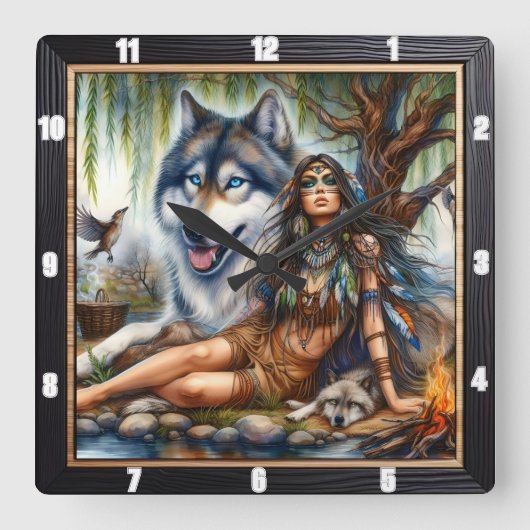 Native Twilight Tale: Gentle Watch Calm Vierkante Klok (Voorkant)