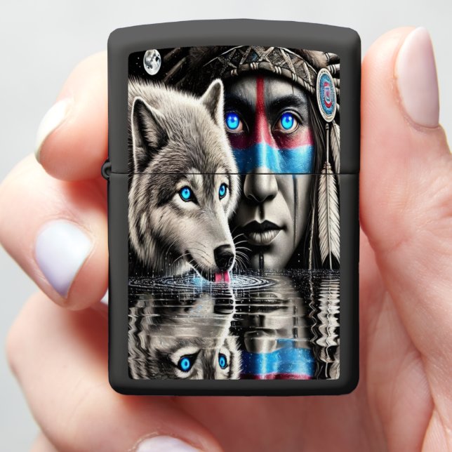 Native Warrior en Wolf Moonlit Reflection (In Hand)