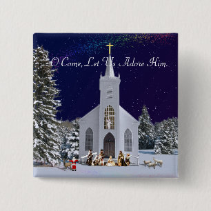 Nativiteit in de kerk vierkante button 5,1 cm