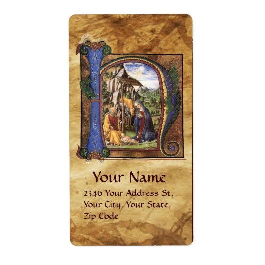 NATIVITEIT MONOGRAM CHRISTMAS PARCHCHCHMENT ETIKET (Voorkant)