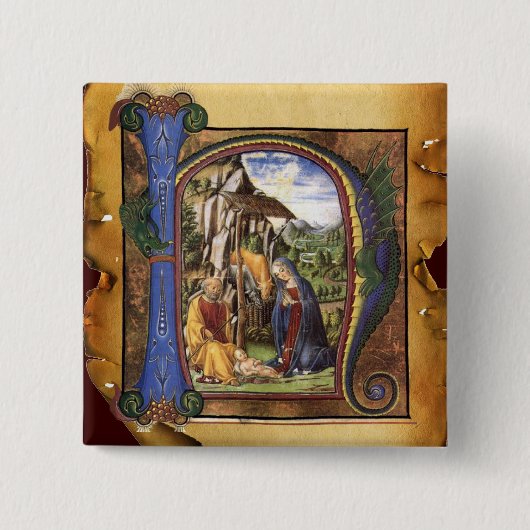 NATIVITEIT MONOGRAM CHRISTMAS PARCHCHCHMENT VIERKANTE BUTTON 5,1 CM (Voorkant)