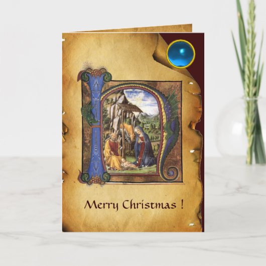 NATIVITEIT MONOGRAM CHRISTMAS PARCHMENT Blue Gem Feestdagen Kaart (Voorkant)