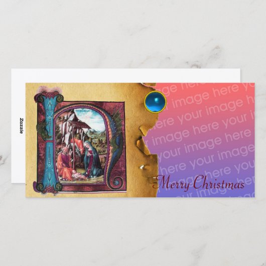NATIVITEIT MONOGRAM CHRISTMAS PARCHMENT Blue Gem Feestdagenkaart (Voorkant / Achterkant)