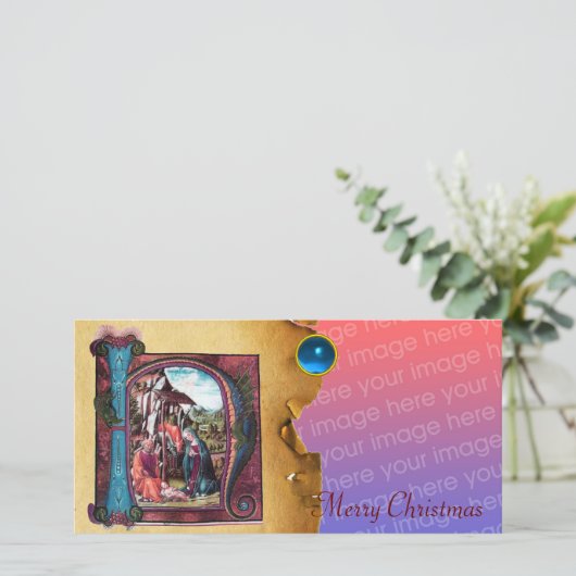 NATIVITEIT MONOGRAM CHRISTMAS PARCHMENT Blue Gem Feestdagenkaart (Staand voorkant)