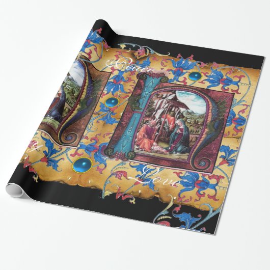 NATIVITEIT MONOGRAM FLORAAL CHRISTMAS PARCHCHMENT CADEAUPAPIER (Uitgerold)