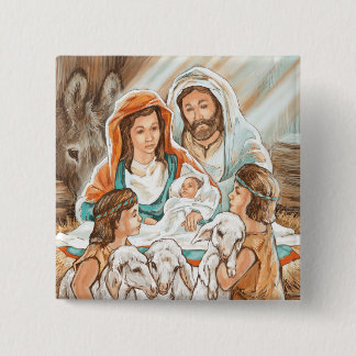 Nativiteit schilderen met kleine herderboys vierkante button 5,1 cm