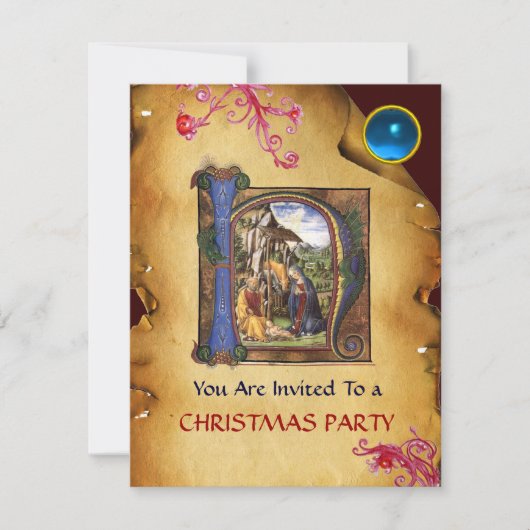 NATIVITEIT XMAS PARCHMENT Blue Sapphire Monogram Kaart (Voorkant)