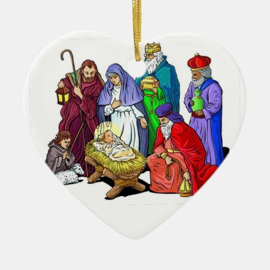 nativiteitsscène baby ' s eerste kerstversiering keramisch ornament (Voorkant)
