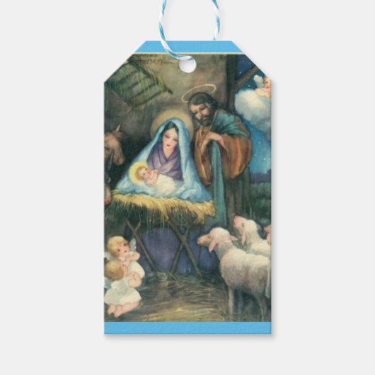 Nativiteitsscène met kerstmis cadeaulabel (Voorkant)