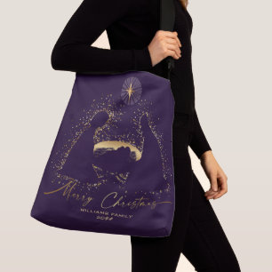 Nativity Manger Christmas Paarse Gold Custom Name Crossbody Tas