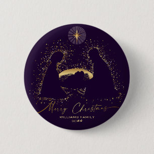 Nativity Manger Christmas Paarse Gold Custom Name Ronde Button 5,7 Cm