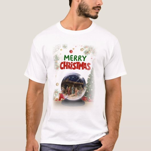 Nativity Scene in Christmas Snow Globe T-shirt (Voorkant)