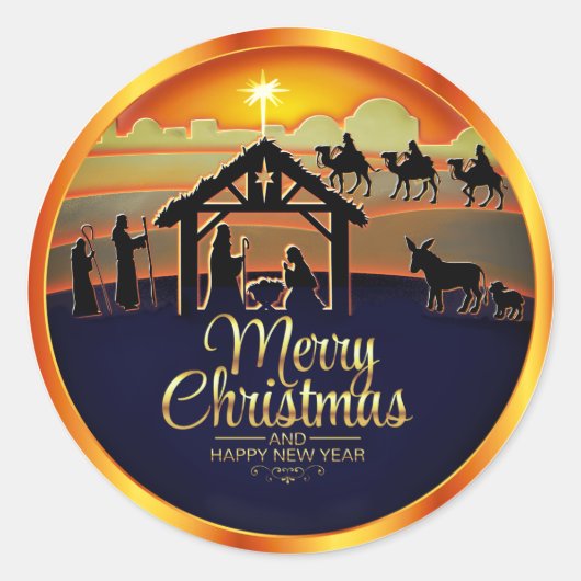 Nativity Silhouette "Merry Christmas" Ronde Sticker (Voorkant)