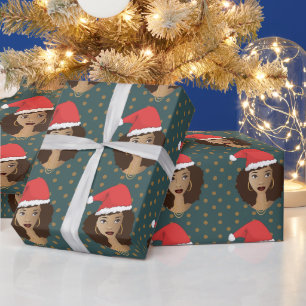 Natural Hair Santa Hat Brown Polka Dot, donker Bla Cadeaupapier