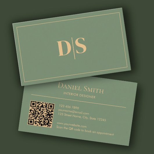 Natural Minimalist Muted Green Initials QR Code Visitekaartje