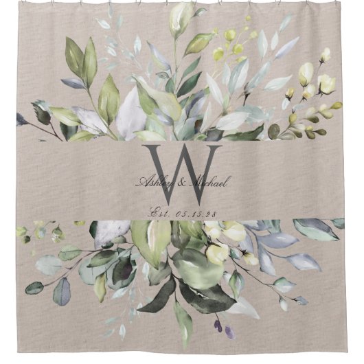 Natural Neutral Greenery Monogram Wedding Keepomwi Douchegordijn (Voorkant)