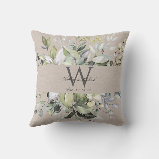 Natural Neutral Greenery Monogram Wedding Keepomwi Kussen (Achterkant)