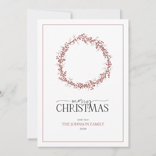 Natural Red Berry Wreath Merry Kerstscript Ho Feestdagenkaart (Voorkant)